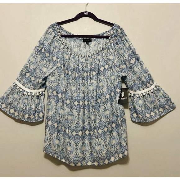 Studio I Tops - I.N. Studio Boho Blouse Sz 1X Cottagecore Embroidered Pom Poms Flowy Bell Sleeve